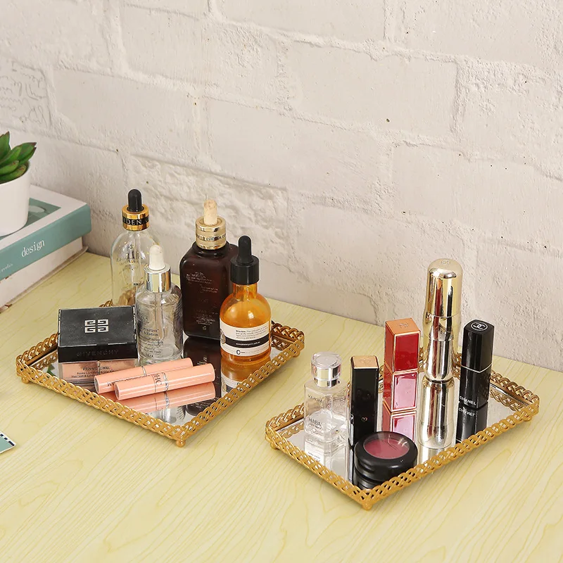 ins Metal iron dressing table Skin care cosmetics lipstick jewelry display storage tray mirror decoration tray