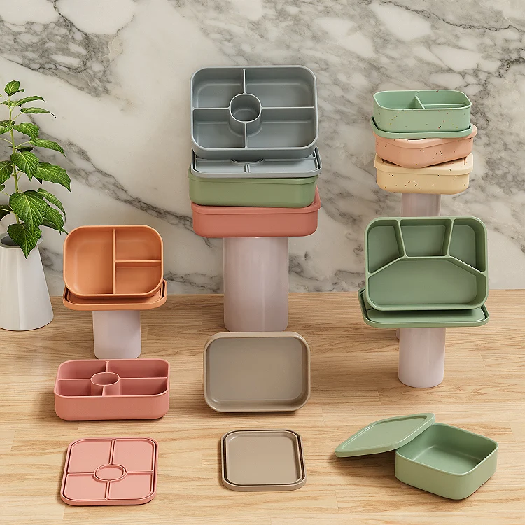 Customized Bpa Free Silicone Compartment Lunchbox Food Container Leakproof Children Adult Office School Kids Bento Lunch Box Set