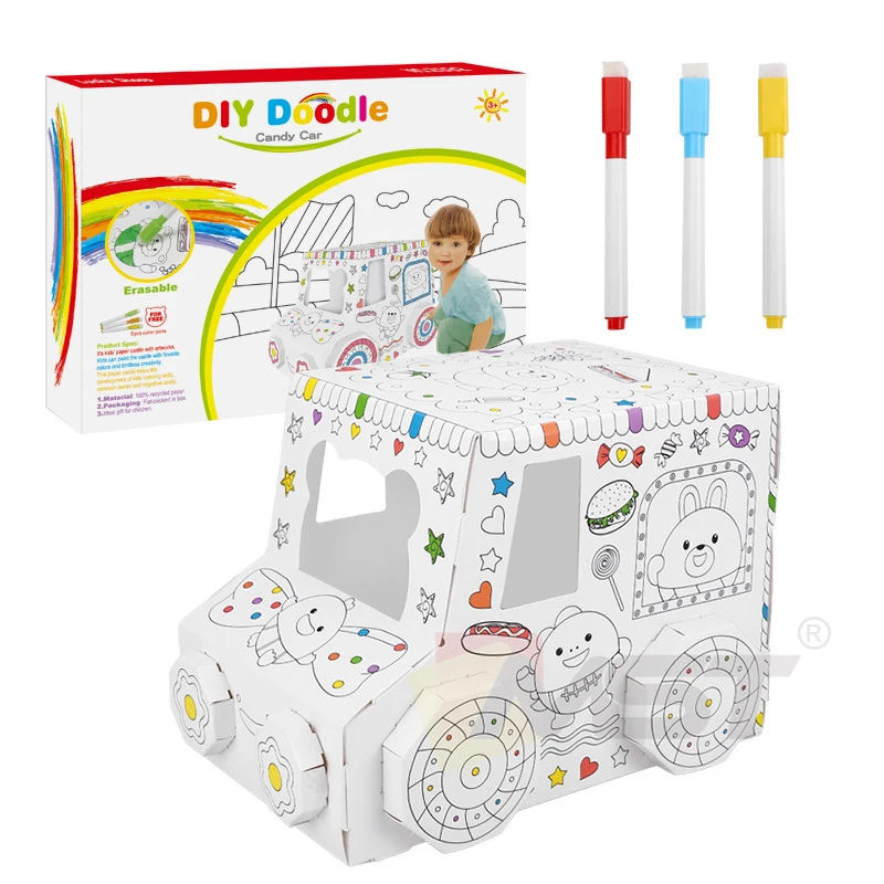 Eco-friendly Painting 3D DIY Creative Doodle Cardboard Toys Hand-on Coloring Sheep Car House Drawing Toy for Kids