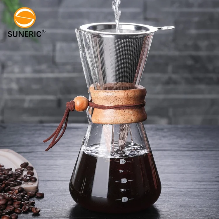 Heat Resistant Hand Coffee Maker 304 Stainless Steel Filter Coffee Brewer Pot Set Glass Pour Over Coffee Dripper With Filter