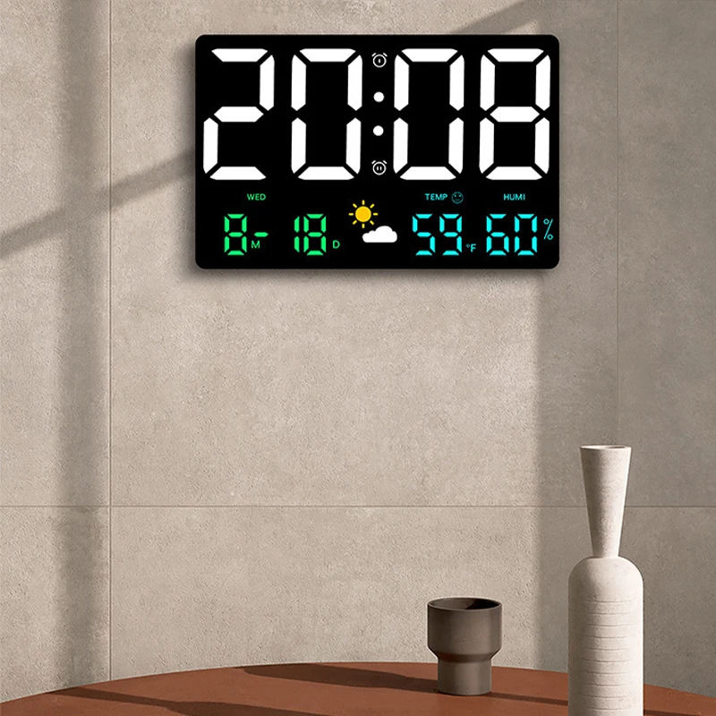 led digital with large display with day and date home weather station temperature humidity smart desktop wall clock home decor