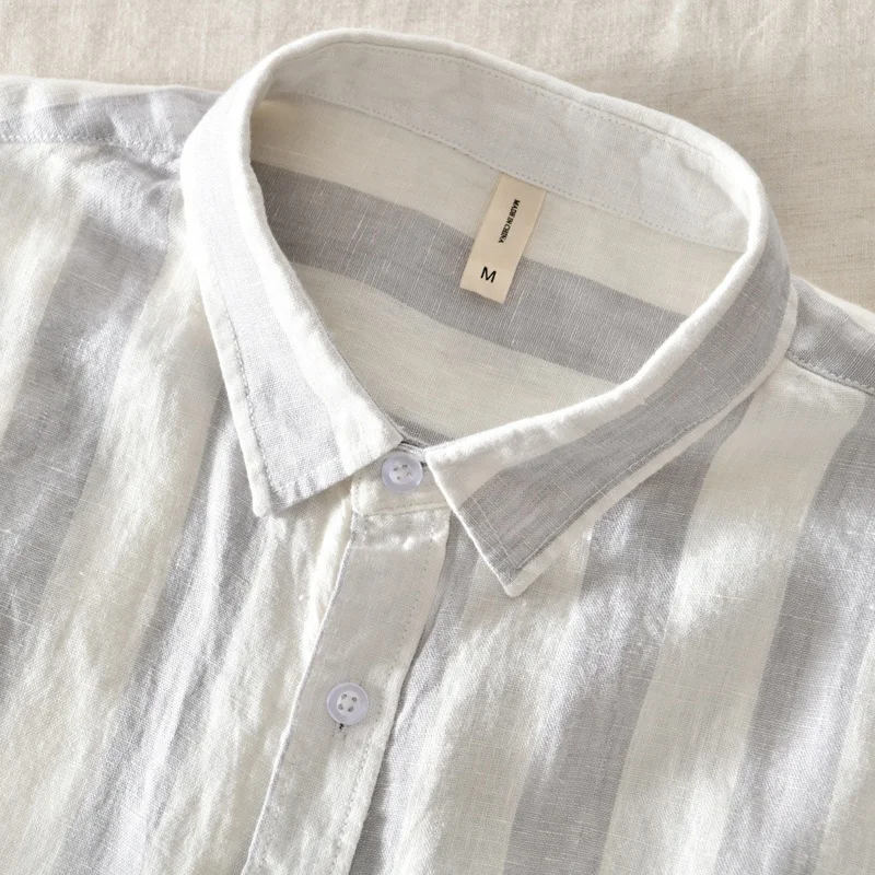Custom oversized down button full sleeve long vertical striped linen mens shirt 2022