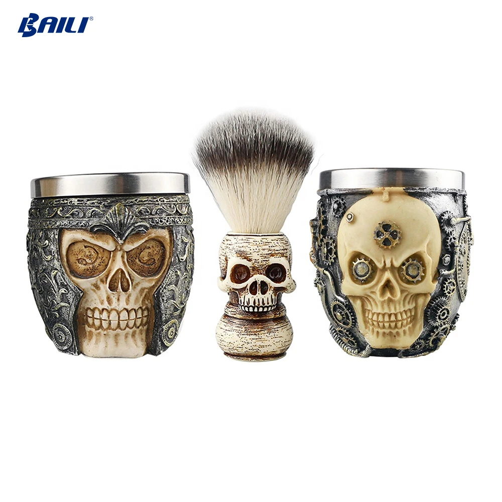 Hot Skull Beard Shaving Kit Beard Brush Skull Head Handle Badger Hair Men Shaving Brush and Armor Bowl