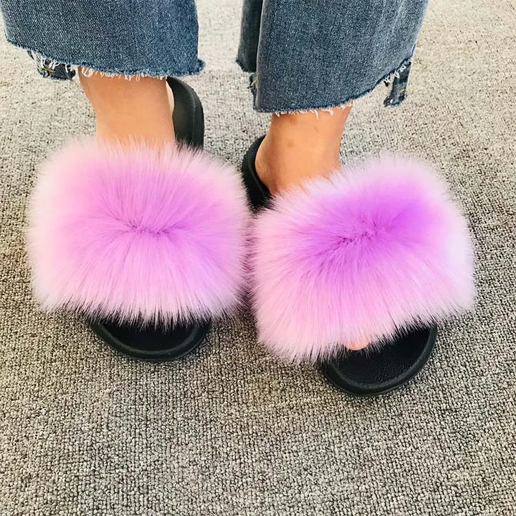 Fashion Warm Pink Fluffy Winter Plush Fuzzy Indoor Home fur faux slippers for Women