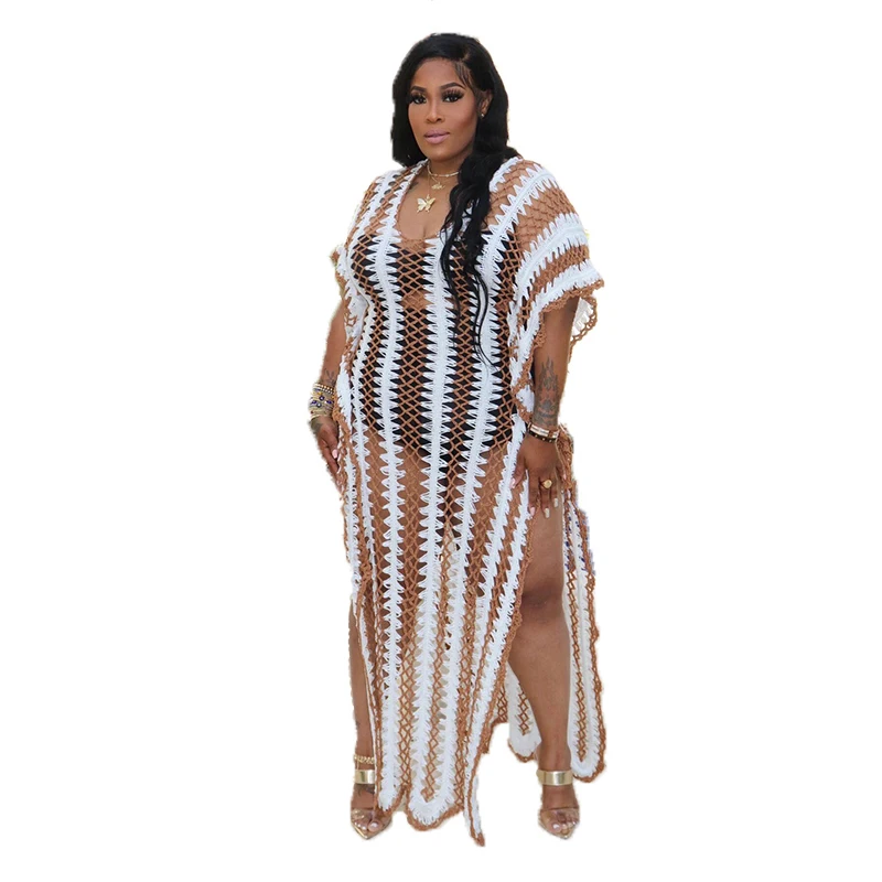 
2021 Sexy Plus Size Hand Crochet Mesh Net Ladies Swimsuit Bikini Beach Wear Women Knitted Cover Ups Dress 