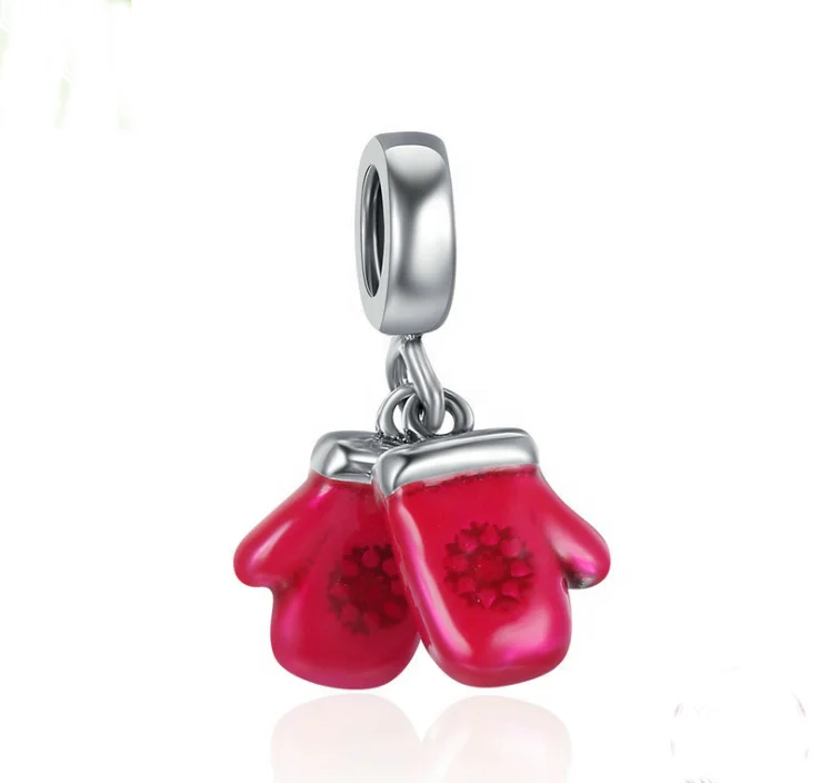 Custom new year gift 925 sterling silver red enamel christmas gloves bead bangles jewelry charms DIY bracelet
