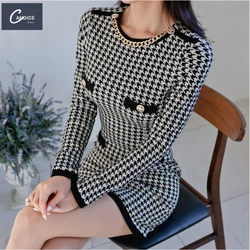 Candice fashion temperament chain korean style long sleeve mini houndstooth bodycon dress
