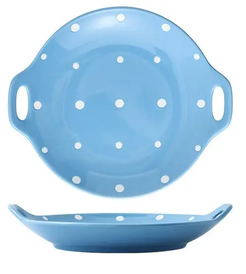 Kids Cute Dinner Microwave Food Dish Ceramic Plates Porcelain Oval Plate Wave Point Dinner Plates with Handle