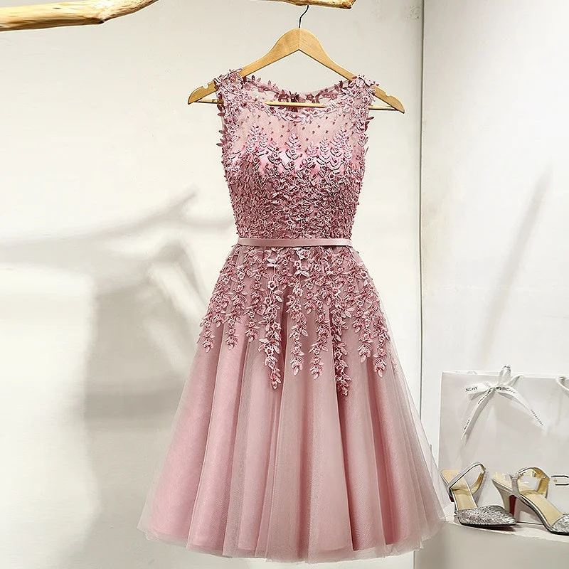 A0143 2019 Hot Sell Elegant Knee Length Women Girls Dresses Appliques Beads Formal Party Dresses Pink Red Light Blue
