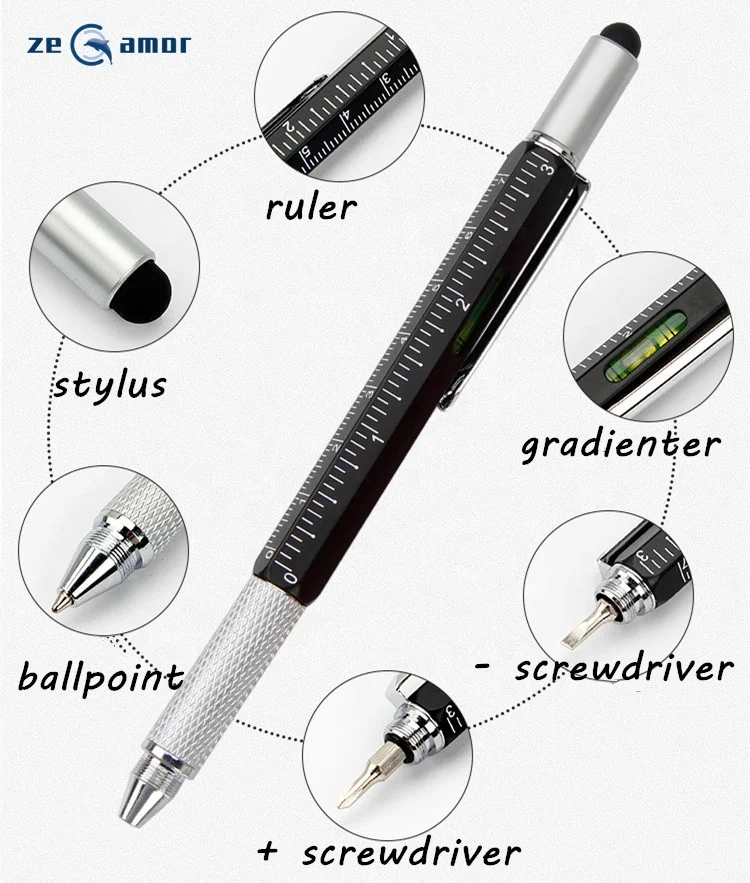 Zeamor Multi Tools 5 in 1 Active Stylus Phone Screen Ruler Gradienter Level Screwdriver Multifunction Ballpoint Pen