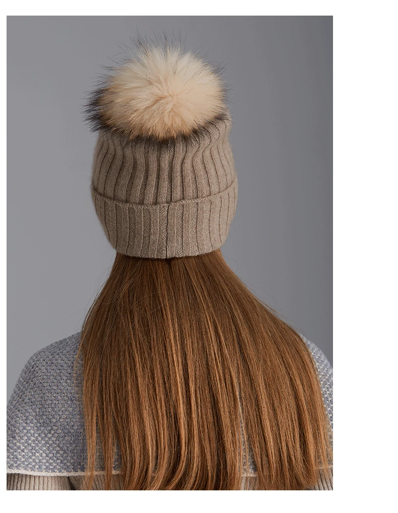 Custom Women Ladies Winter Warm Knitted Fashion GOAT CASHMERE wool Hat with Large Genuine Real Fox Fur Pom