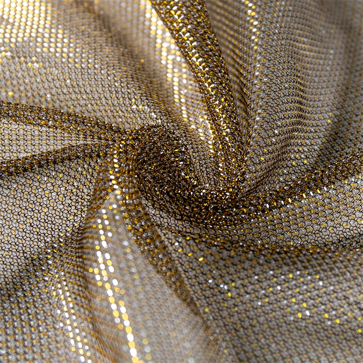 Wholesale 100% Polyester Tricot Knit Jersey Fabric Glitter Fishnet Stretch Air Mesh Gold Lurex Tulle Metallic Thread Fabric