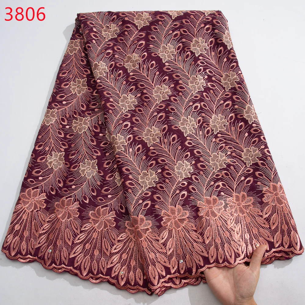 3806 Soft Flower Voile Lace Fabric With Stones High Quality 2024 Swiss Luxury Cotton Lace Fabric for Embroidery Dresses