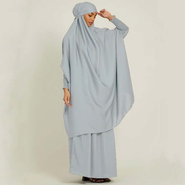 Two Piece Jilbab Prayer Set Abaya for Woman Batwing Hijab Dress Muslim Kimono Kaftan Robe Long Khimar Islam Cloth Niqab Ramadan