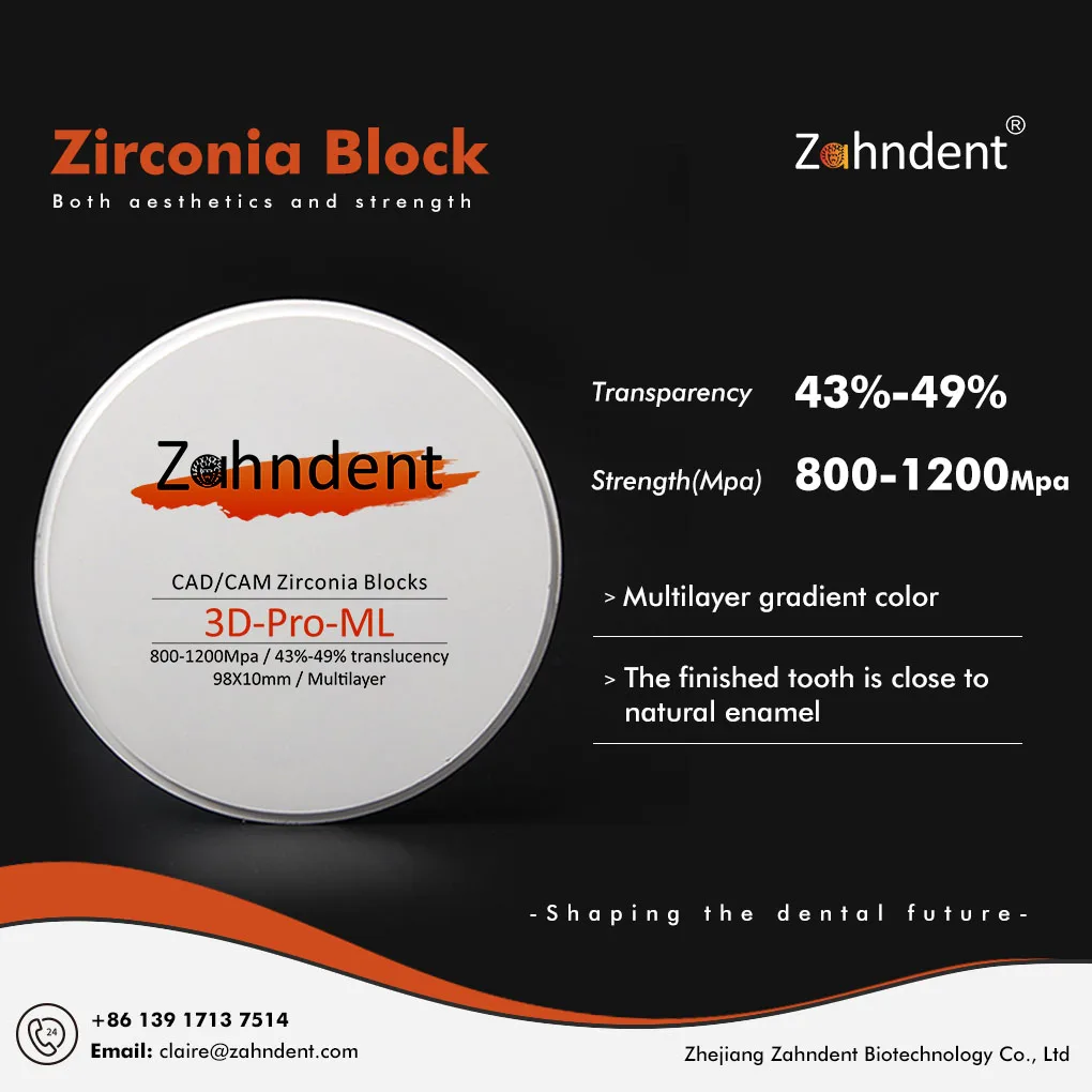 Zahndent 800-1200MPa flexural strength dental zirconia block teeth restoration for dental lab 3d pro ml