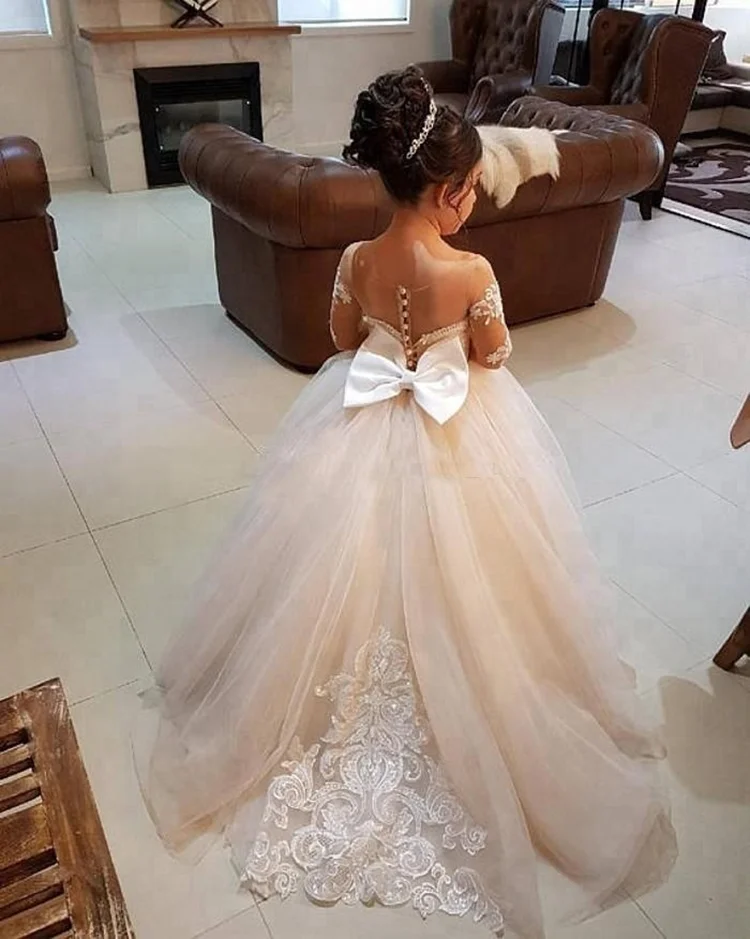 Girls Wedding Dress 2023 Weddings Sheer Neck Applique Lace Tulle Wedding Flower Girls Flower Girls Dresses