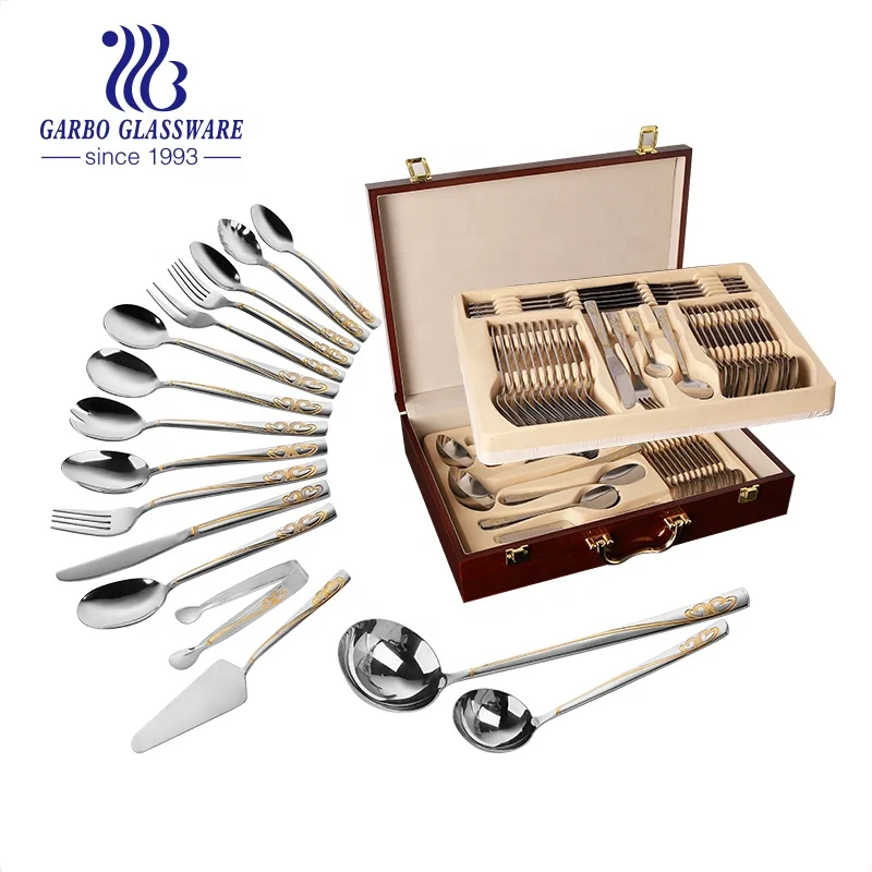 86pcs set golden flower handle 18-0/430 410 dinnerware flatware set wooden box packing dinner knifes tea spoon fork Cutlery Sets