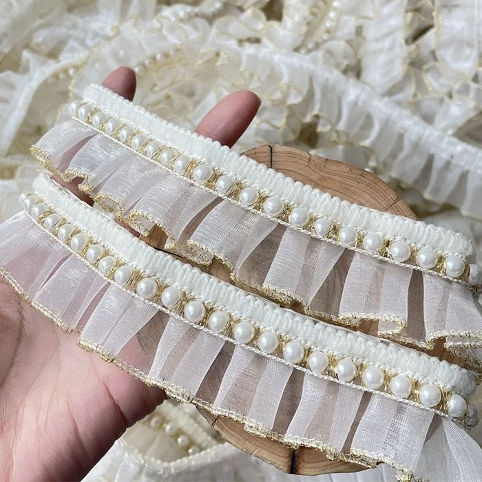 4cm Organza Tulle pleated Ribbon with pearls Polyester Ruffle lace Trims in white and gold for Dresses Garments DIY accessories