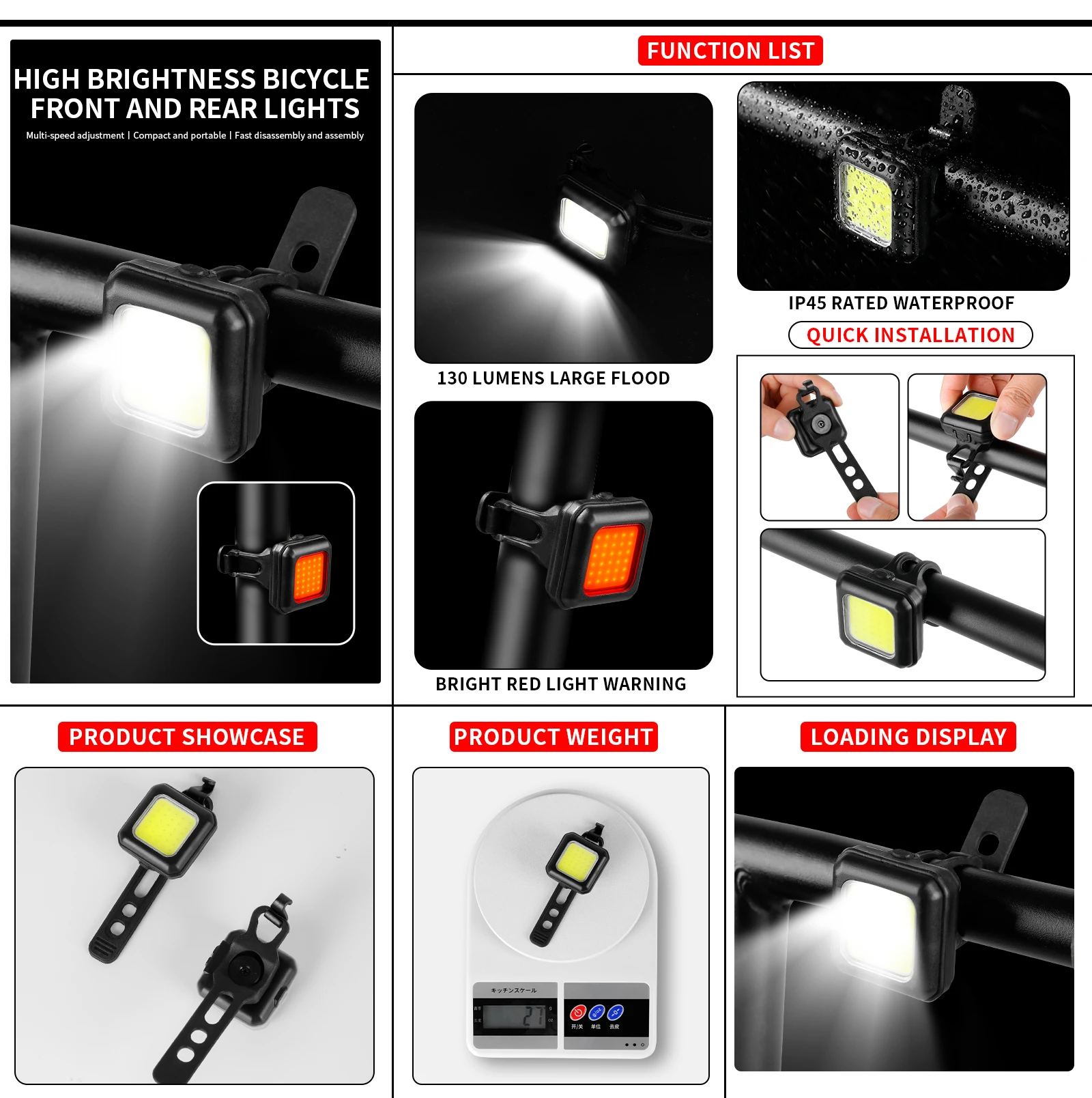 250mAh Mini Front and Back Set Waterproof Mountain Bike Light Combinations LED Bicycle Light Set
