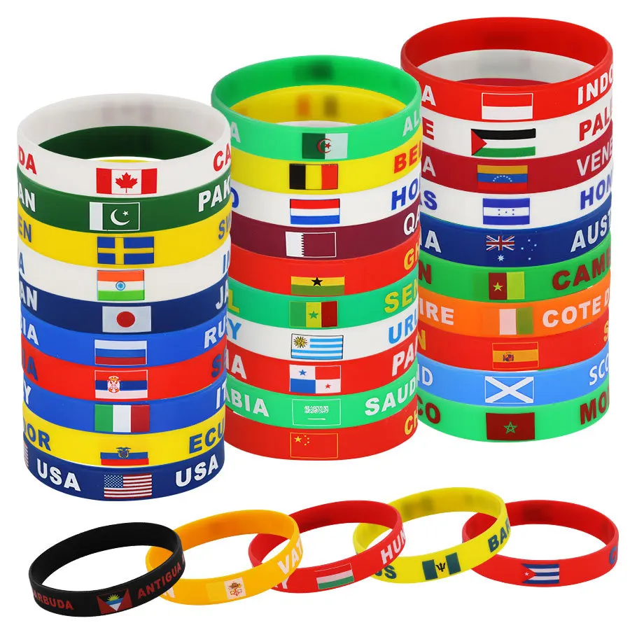 Hot Wholesale Elastic Silicone Rubber National Flag Sport  Wristband Women Men Friendship Wrap Bracelet For Gift