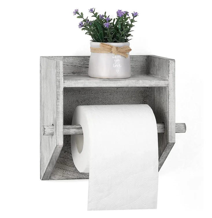Cabinet Wall Mounted  Organizer Wooden Tissue Rack Toilet Paper Roll Holder with Shelf