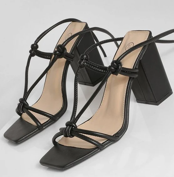 Black Wide Fit Strappy Knot Detail Block high Heels wide fit strappy Square toe sexy heels sandals