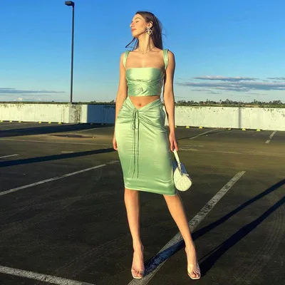 
Fashion solid color midi skirt back cross cropping dress short top 2-pecies sets 