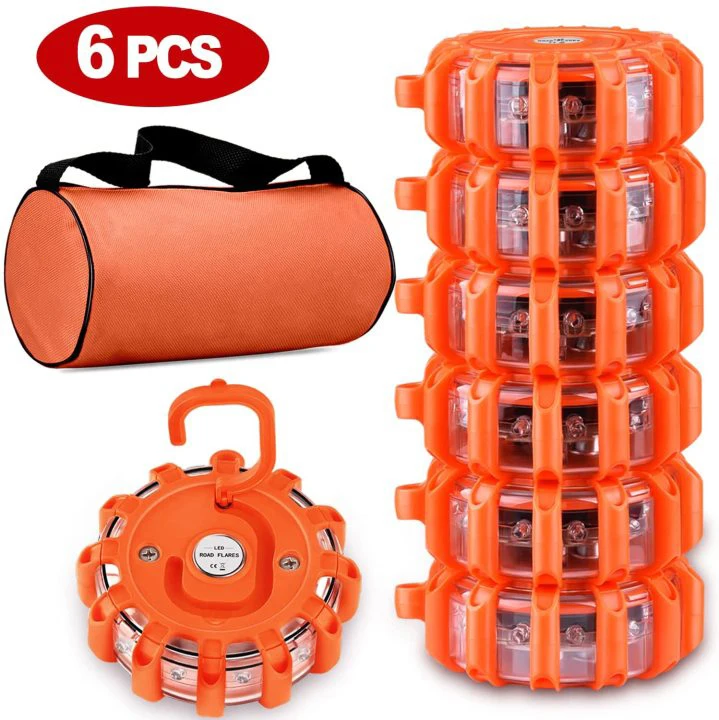6 Pack Roadside Warning Safety Emergency Disc Beacon Flashing Flare Kit Traffic Warning Light LED Road Flares Emergency Lights