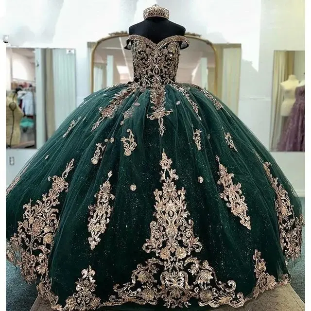 Emerald Green Off The Shoulder Crystal Ball Gown Appliques Lace Corset Sweet 15 Vestidos De Quinceanera Dresses MQ719