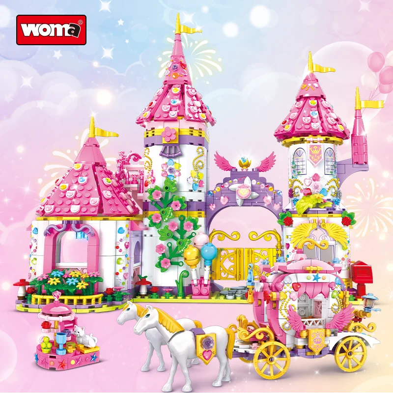 WOMA TOY Student Educational Girl Princess Prince Fairyland Castle Carriage Model Building Block Brick Set Toys Child Play House