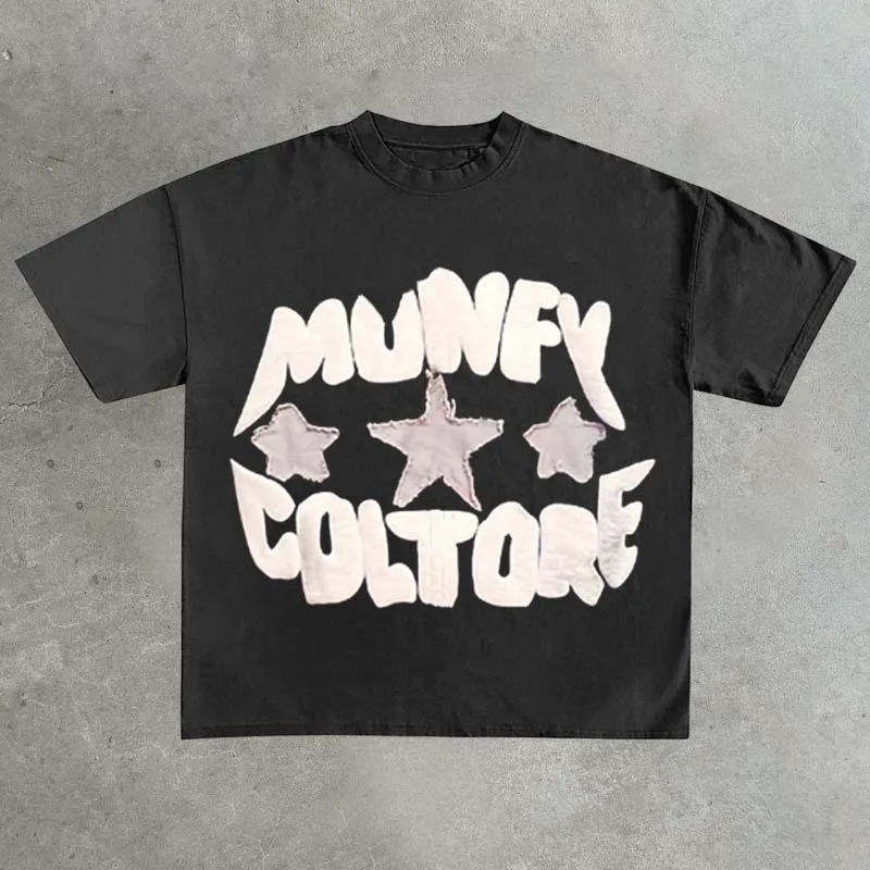 Unisex Anime Tshirt Man Wholesale Street Wear Cartoon Black Tee Shirt Custom Mens Mock Neck Comb Cotton Patch Embroidery T-Shirt