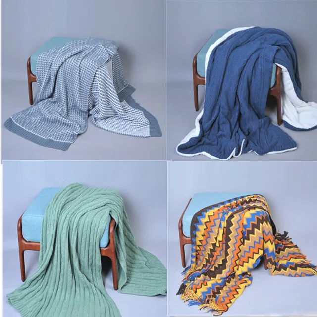 Popular custom size 100 acrylic waffle check acrylic knit throw blanket Beige White with tassel