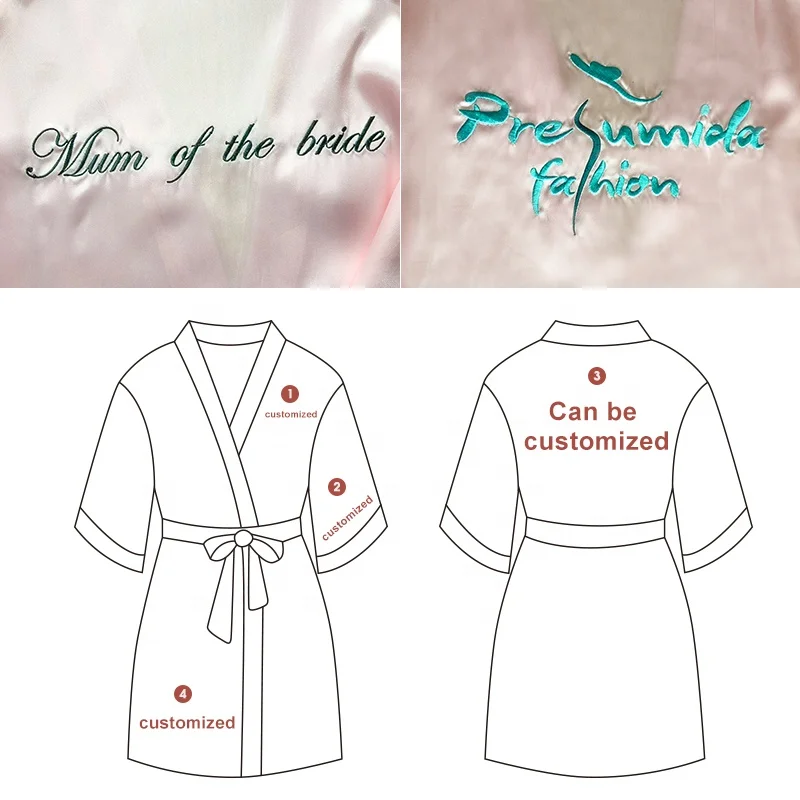 Wholesale femme plain short custom soft bath embroidered bridesmaids bride kimono silk satin robes women