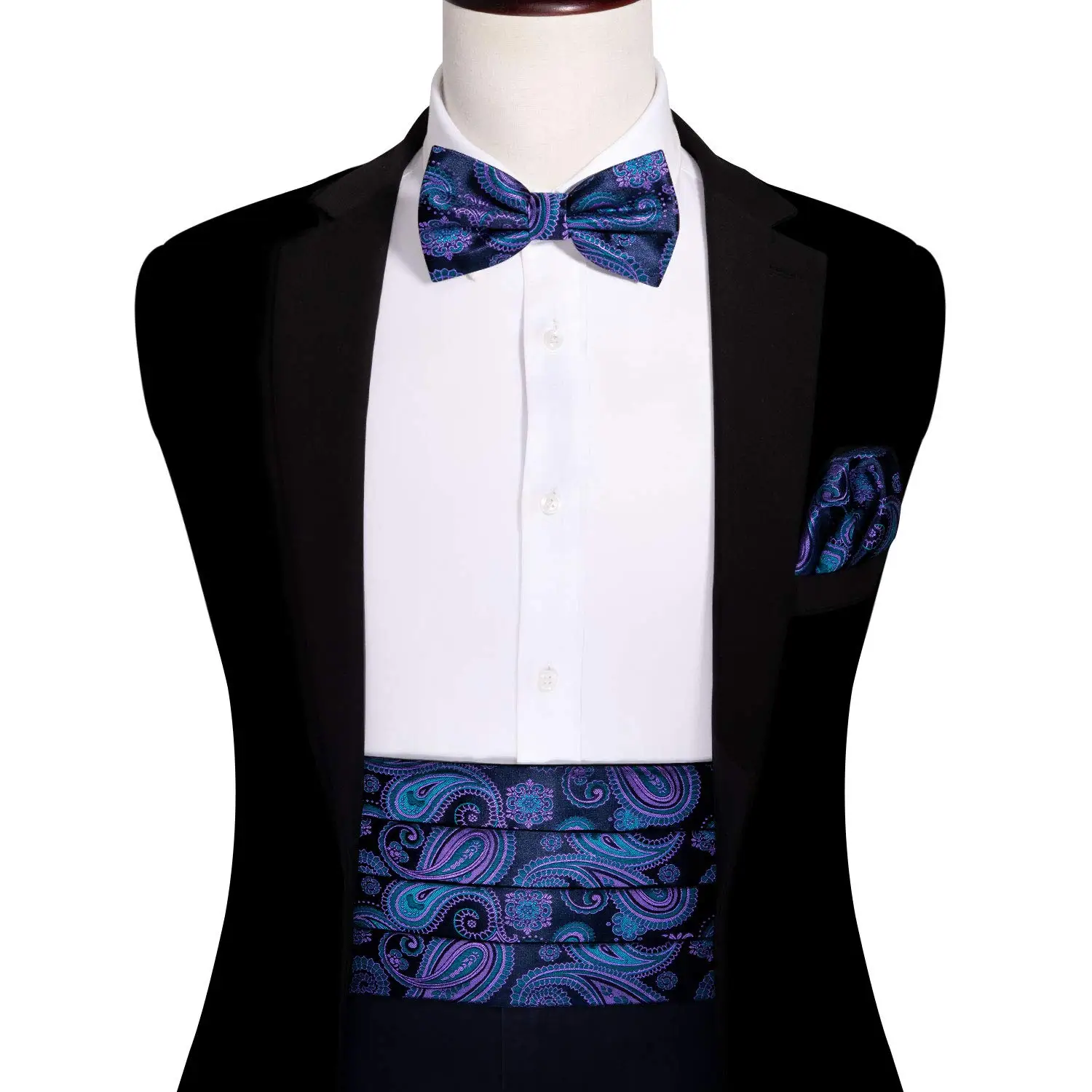 Cummerbund Bow Tie Set for Men Silk Cummerbund Pretied Bow Tie with Pocket Square and Cufflinks
