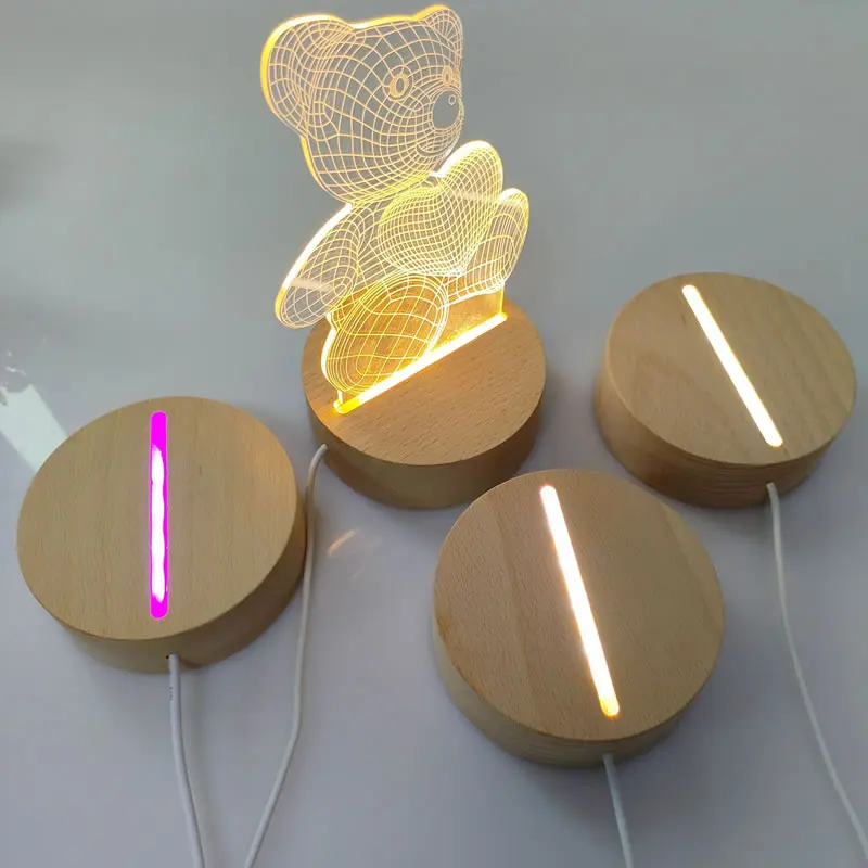5V USB Powered Wooden Base Lamp Led 3D Night Light Round Oval Wood Base For Acrylic