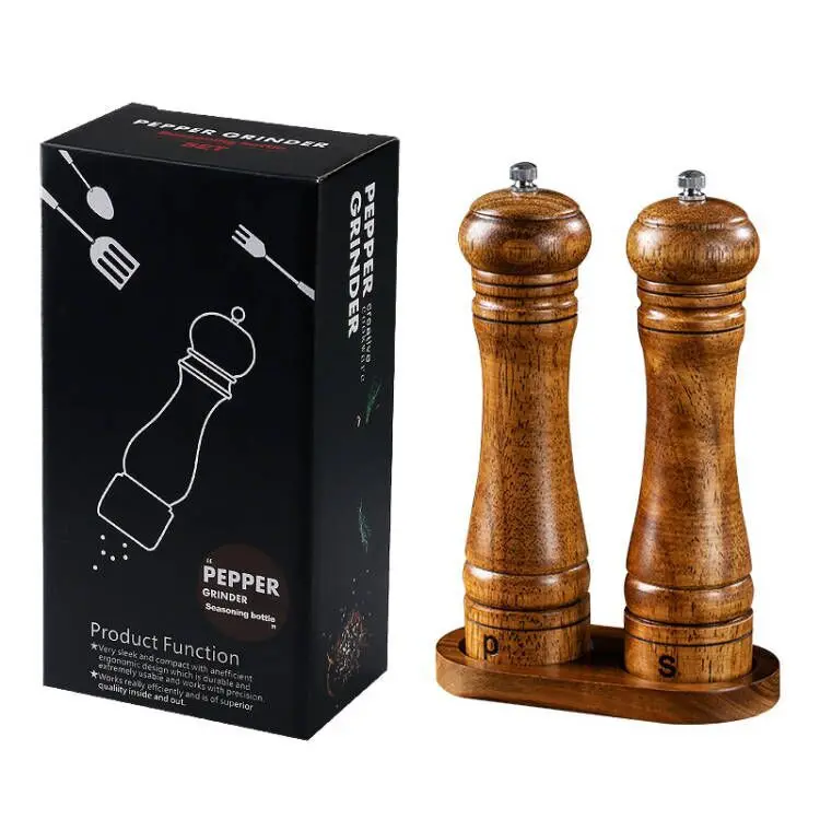 EU Standard Kitchen Tool Wooden Salt and Pepper Grinder Mill With Wooden Tray