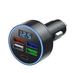 4 USB Port and 1 USB C Fast Car Phone Chargers With LED Voltage Display 5 Ports Mobile Phones Car Charger
