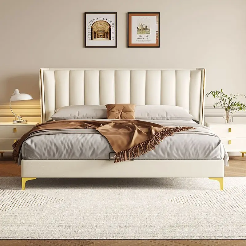 Contemporary Wooden White Double Leather Bed Set Home Queen Master Room Modern Apartment Bedroom Luxury King Size Bed