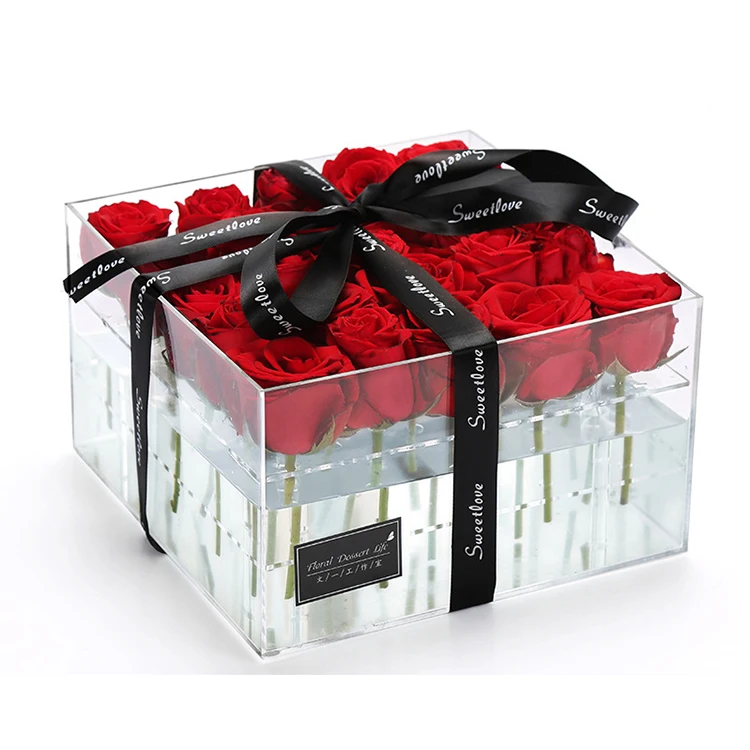 
Festival Souvenir Gifts Cover Plexiglass Decorative Fresh Preserved Rose Flower Preserved Roses In Acrylic Box 