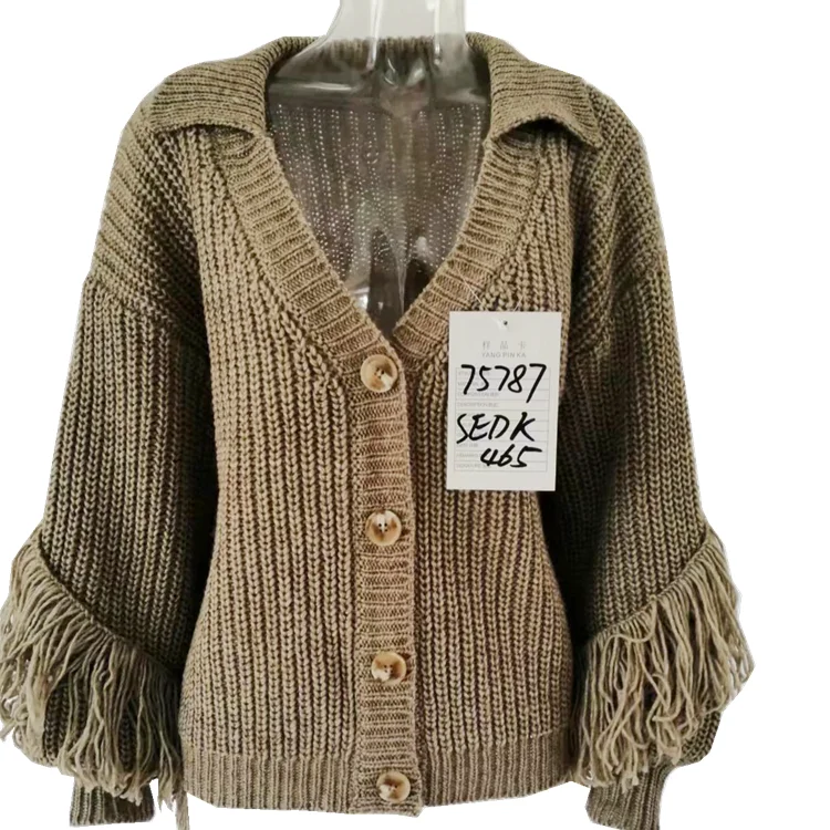 women clothing turn-down collar tassel thick heavy gauge knitted fashion new design wool sweater cardigan for women