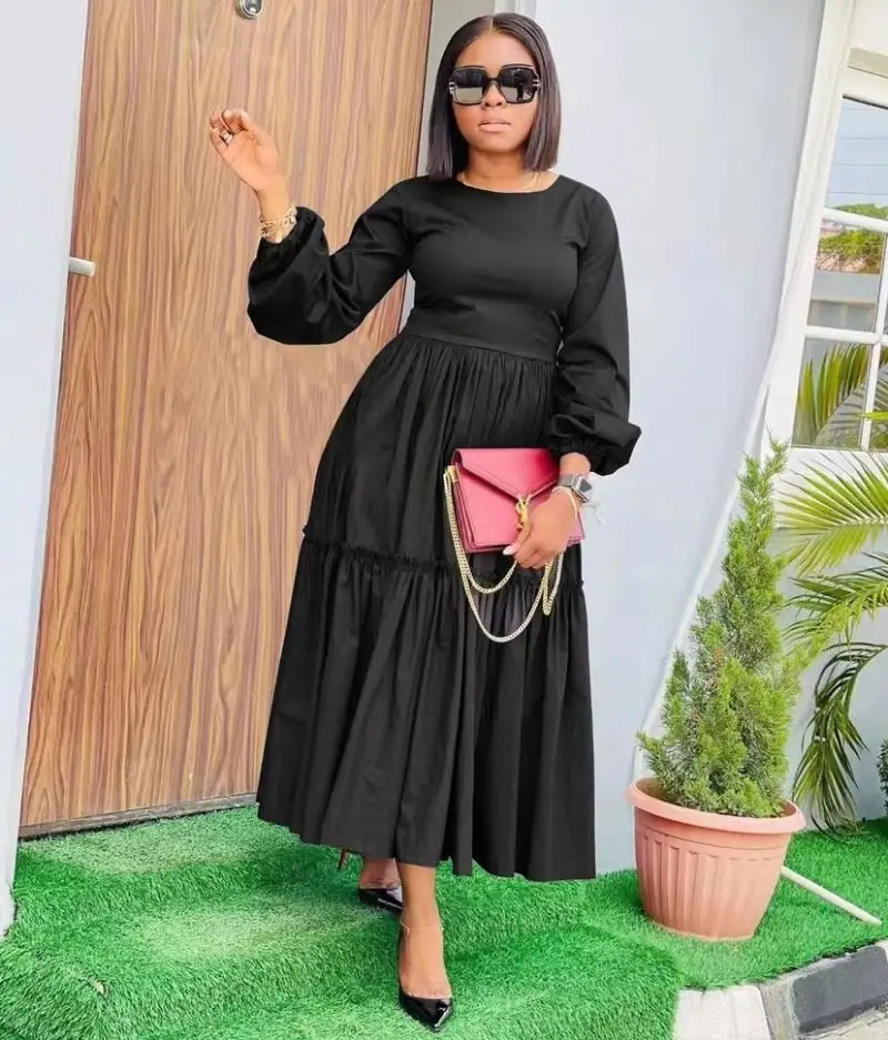 Wholesale Clothing New Casual Elegant Puff Sleeve High Waist Long Sleeve Maxi Pleat Dress with Cloth Belt