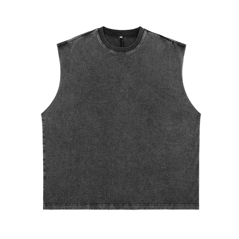 new style acid washed sleeveless cotton t-shirt for men retro washed cut raw edge oversized summer tank top
