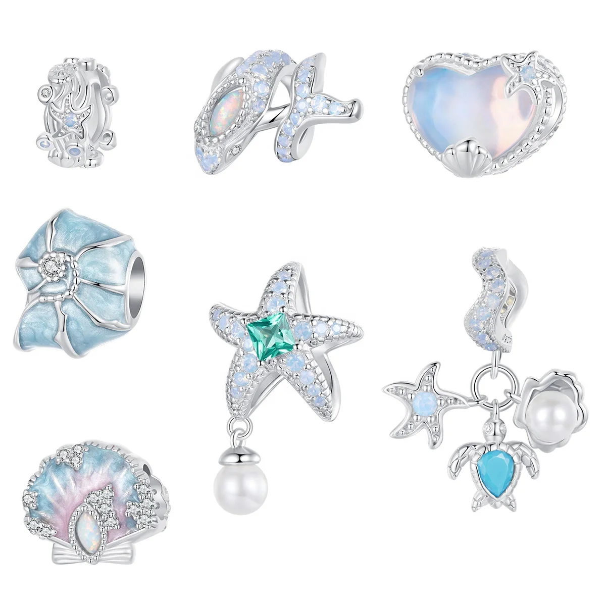 925 Sterling Silver Ocean Dreamy Seashell Charm Bead Blue Whale Starfish Pendant Fit Women DIY Bracelet Fine Jewelry Gift