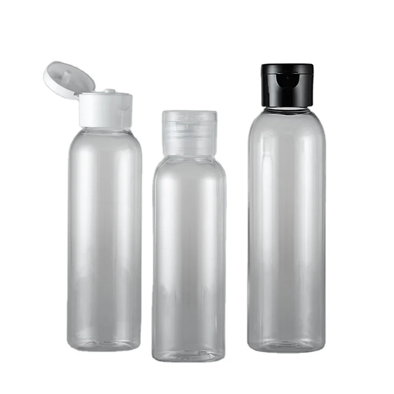 
2020 transparent black lotion bottle with flip top round PET Dispensing bottle with Disc Top Cap 