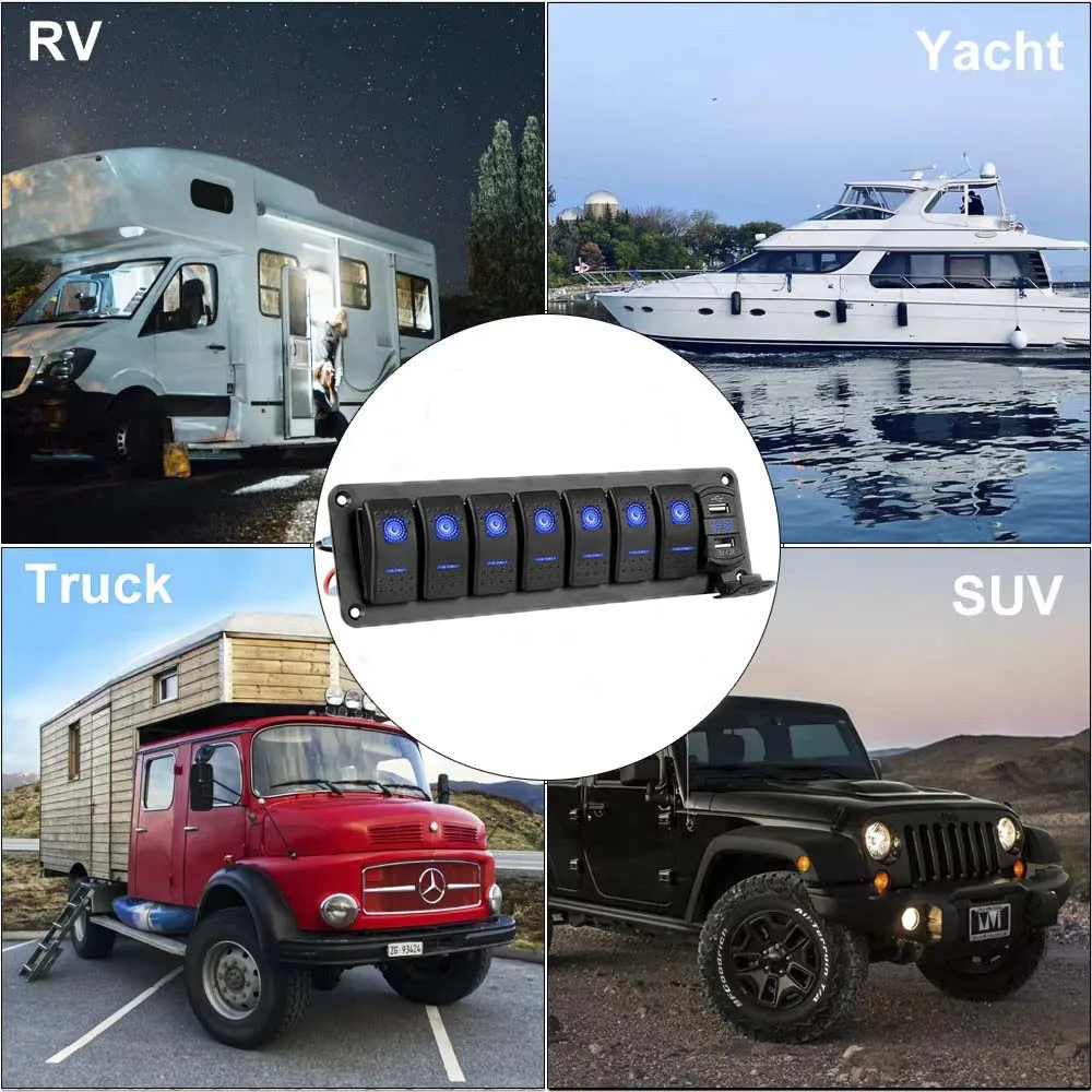 7 Gang Aluminum 5 Pin ON/OFF Toggle Rocker Switch Panel Switch 12V-24V Blue LED Dual USB Charger Voltmeter for Boat RV Trucks