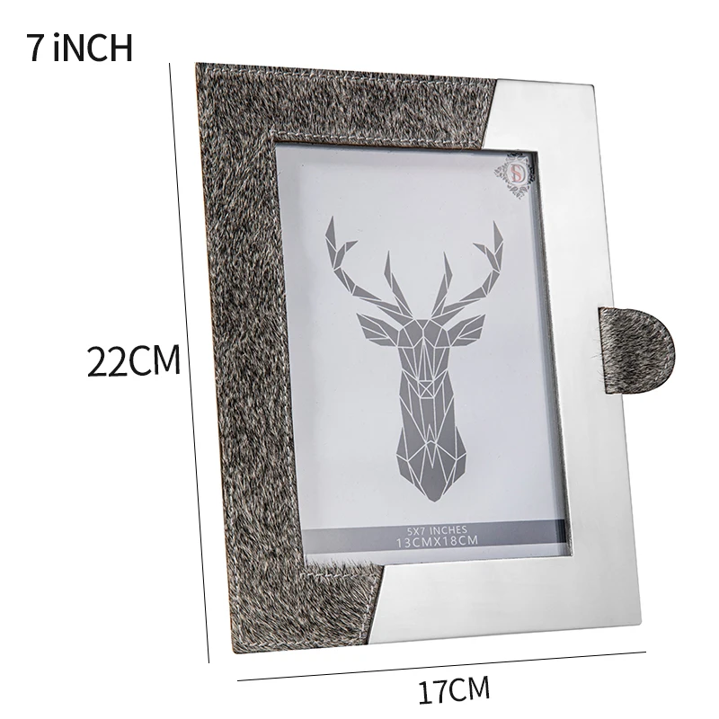 Customised photo frame luxury gray horse hair photo frame hotel/living desktop household metal silver mirror photo frame
