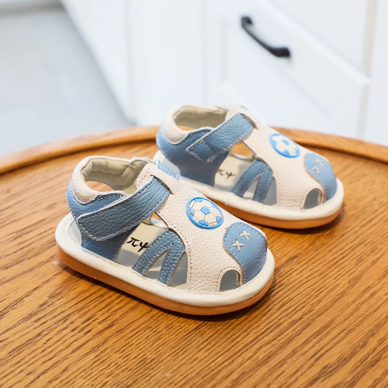 Genuine Leather Football Design Squeaky Baby Sandals Toddler Summer Sound Shoes