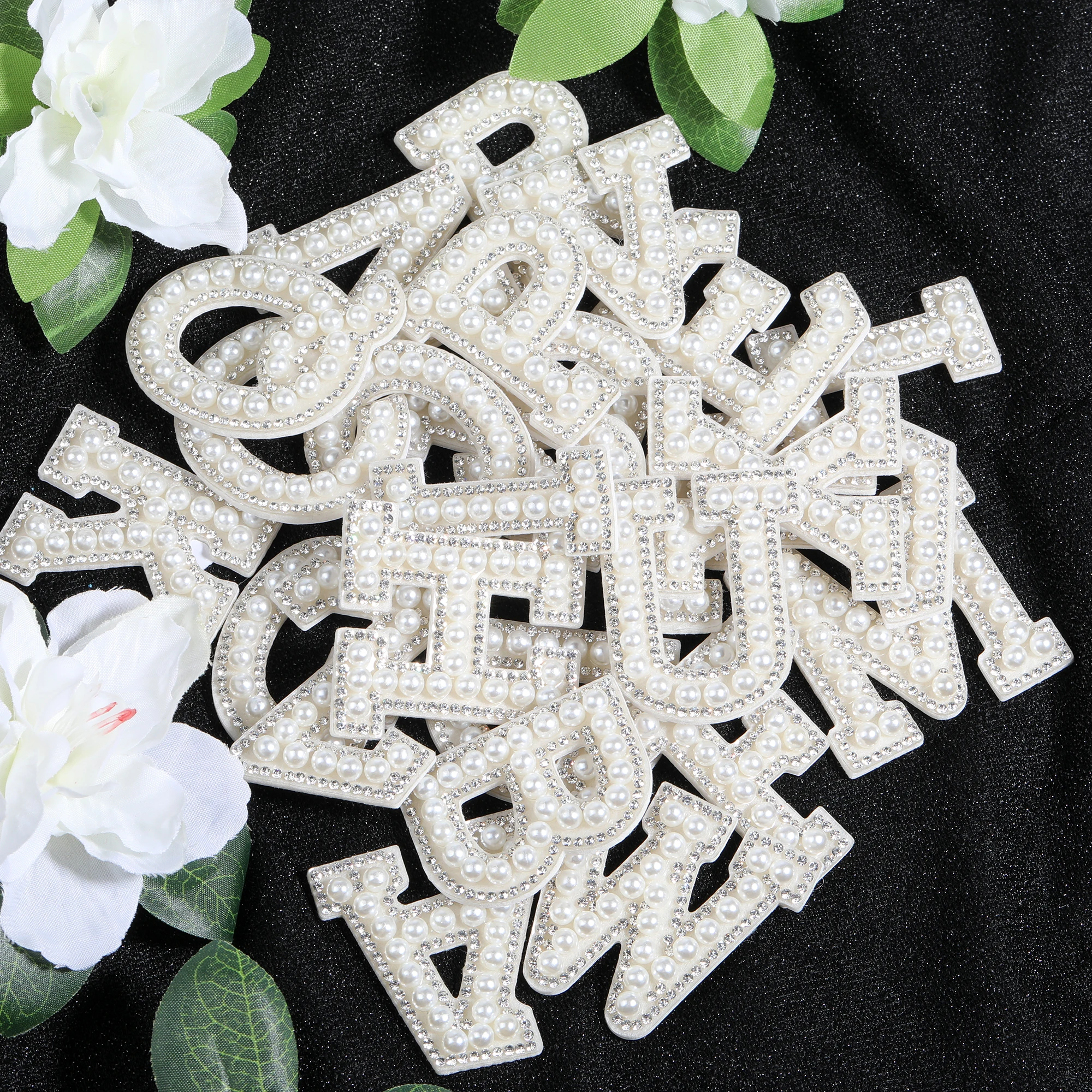 Custom Pearl Rhinestone Letters Wholesale 26 Rhinestone Letter Patch Sticker for Bag And Clothes