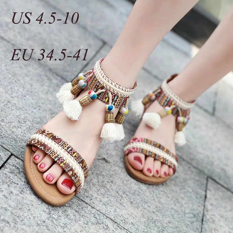 
Women Fashion Rome Bohemia Rhinestone Soft Sole Open Toe Flat Sandals Comfy Summer Shoes Plus Size 