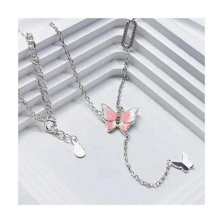 hot sale engravable enamel friendship fashion necklace pink dainty wholesale 925 silver jewelry women long butterfly necklaces